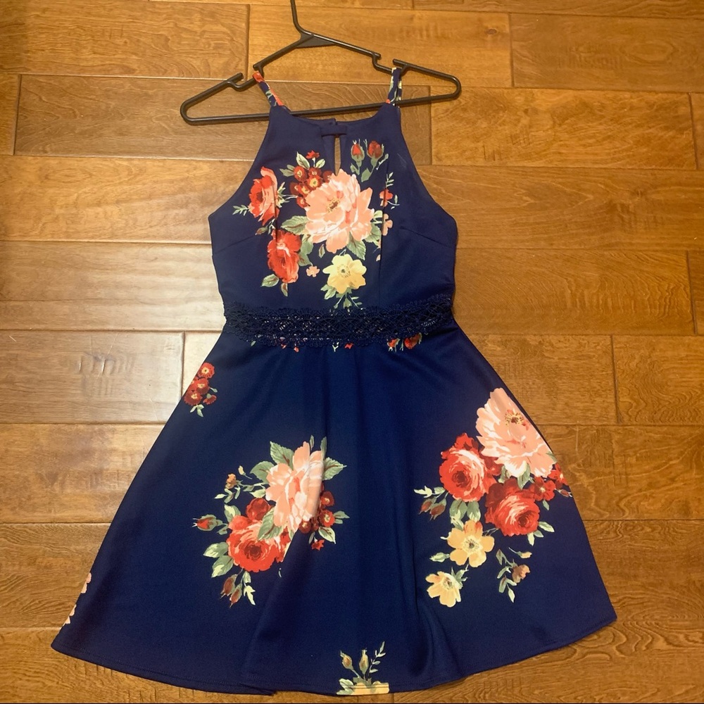 Navy Blue Homecoming Dress With Flowers